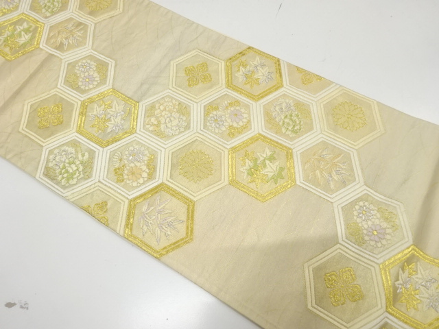 JAPANESE KIMONO / ANTIQUE FUKURO OBI / SILK / WOVEN KIKKO & FLORAL PLANTS